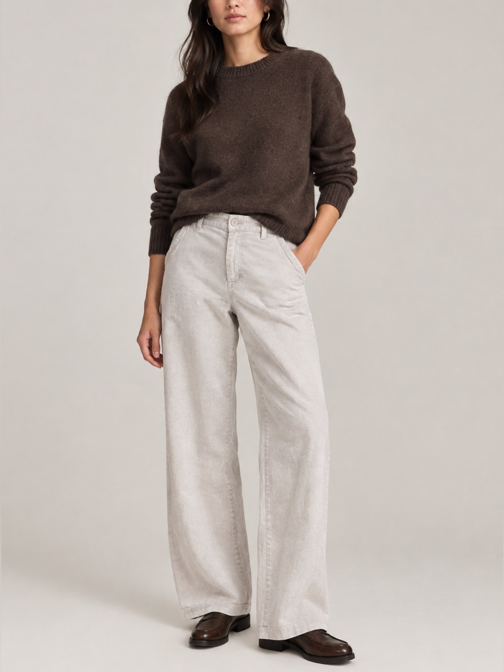 YFB L Oat Wide Leg Fall Elastic Waist Jeans Minimalist Neutral Preppy Casual